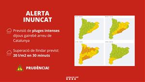 Protecció Civil activa l'alerta del pla l'INUNCAT per la previsió de pluges intenses dijous. EIX