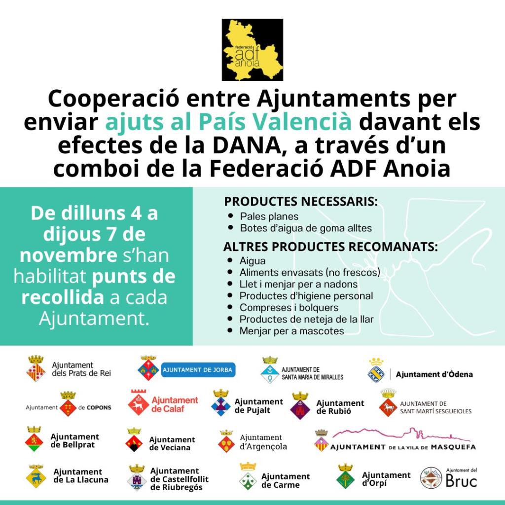 Ajuntaments de l’Anoia s’uneixen amb la Federació d'ADF de l'Anoia per enviar ajut al País Valencià davant els efectes de la DANA. EIX