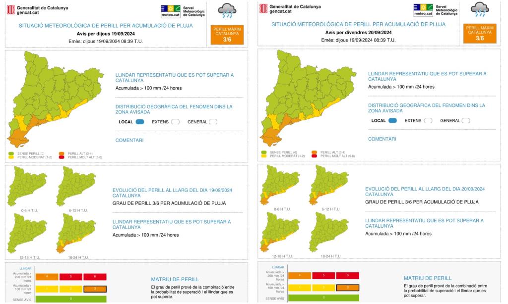 Alerta per pluges localment molt intenses a partir d'aquesta tarda i demà al litoral i prelitoral central i sud. EIX