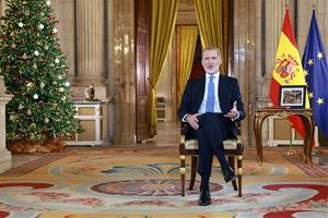 El rei d'Espanya, Felip VI, assegut en una cadira mentre pronuncia el discurs de Nadal. ACN