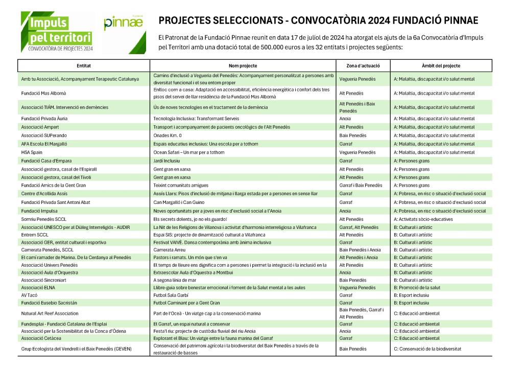 La Fundació Pinnae dona suport a 32 projectes de la vegueria del Penedès. EIX