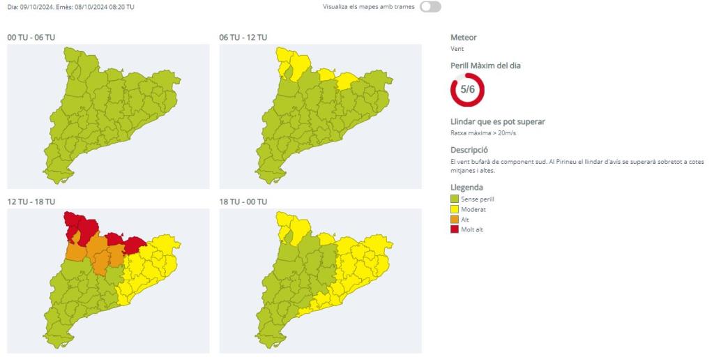 Protecció Civil activa l'alerta del Pla VENTCAT davant la previsió de fort vent demà . EIX