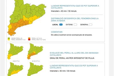 Protecció Civil activa l'alerta per la previsió de pluges intenses a partir d'aquesta nit i demà divendres. Meteocat