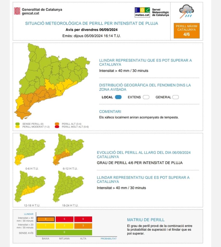 Protecció Civil activa l'alerta per la previsió de pluges intenses a partir d'aquesta nit i demà divendres. Meteocat