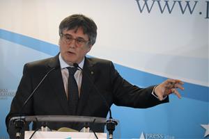 El president de Junts, Carles Puigdemont, en una roda de premsa a Brussel·les. ACN / Marta Vidal