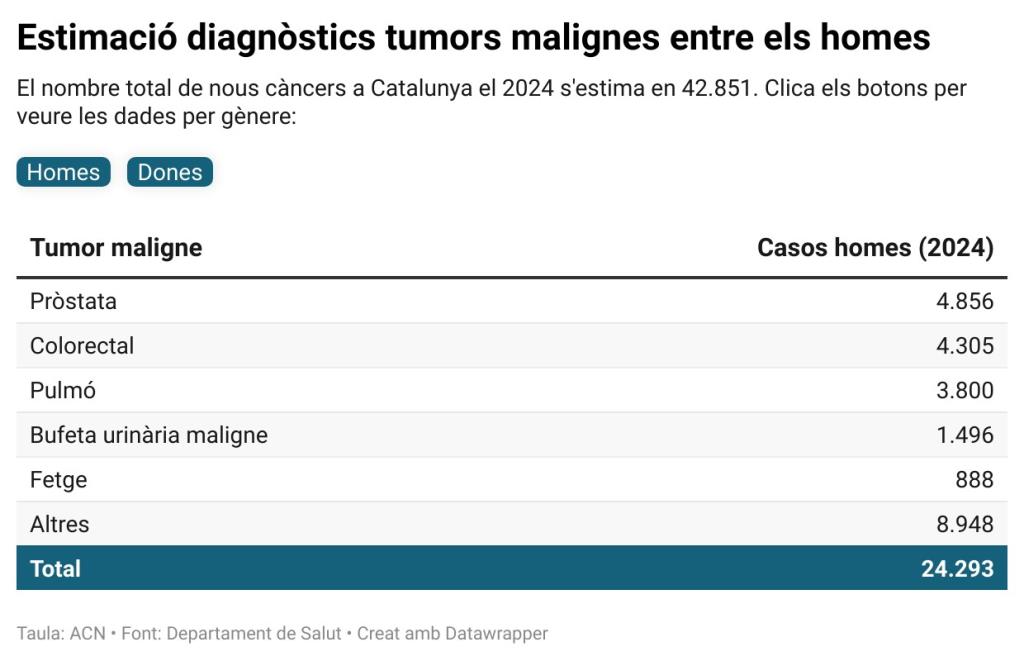 Salut calcula que el 2024 s’han diagnosticat 42.851 tumors malignes a Catalunya, 24.293 en homes i 18.558 en dones. ACN