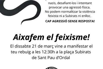 Denuncien un episodi d’assetjament feixista a Sant Pau d’Ordal i convoquen una concentració de rebuig. EIX